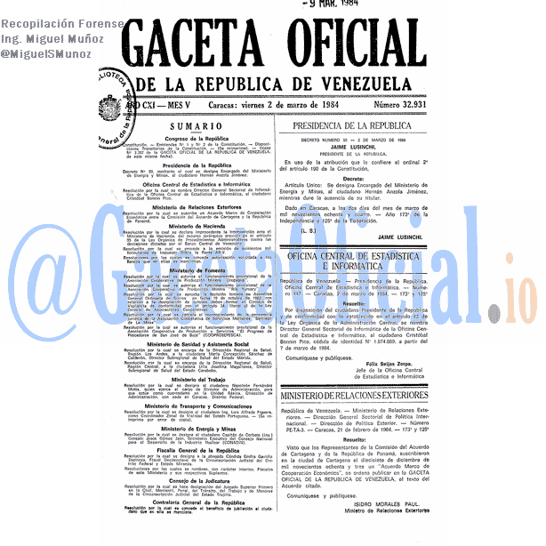 Gaceta Oficial 32931 del 2 Marzo 1984