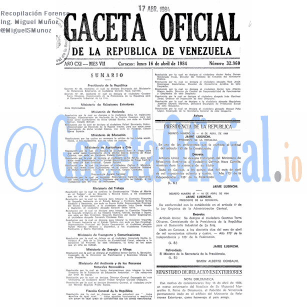 Gaceta Oficial 32960 del 16 Abril 1984
