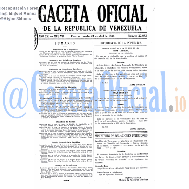 Gaceta Oficial 32963 del 24 Abril 1984