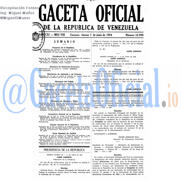 Gaceta Oficial 32990 del 1 Junio 1984