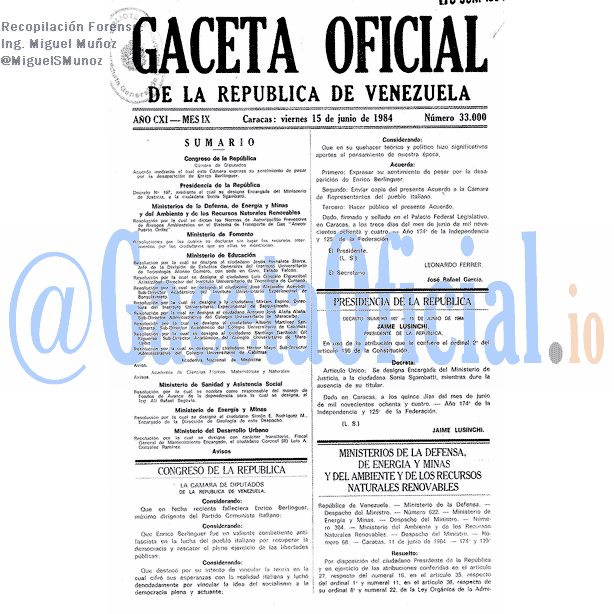 Gaceta Oficial 33000 del 15 Junio 1984