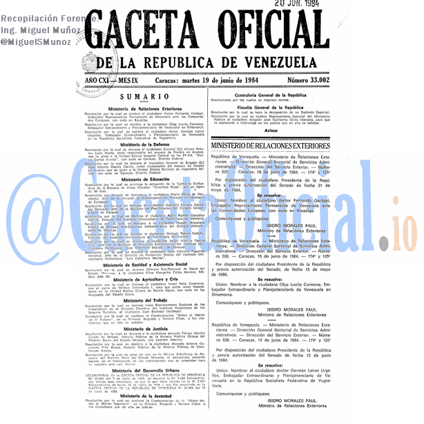 Gaceta Oficial 33002 del 19 Junio 1984