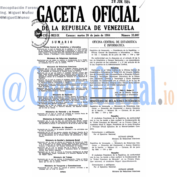 Gaceta Oficial 33007 del 26 Junio 1984