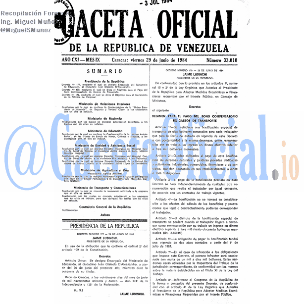 Gaceta Oficial 33010 del 29 Junio 1984