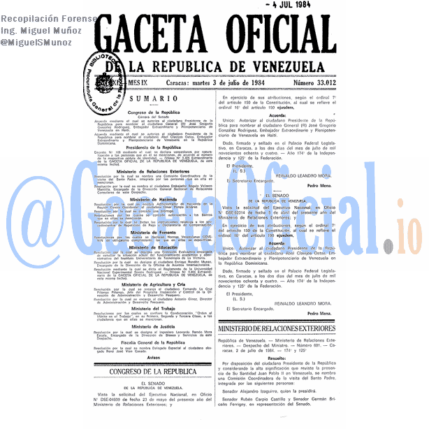 Gaceta Oficial 33012 del 3 Julio 1984