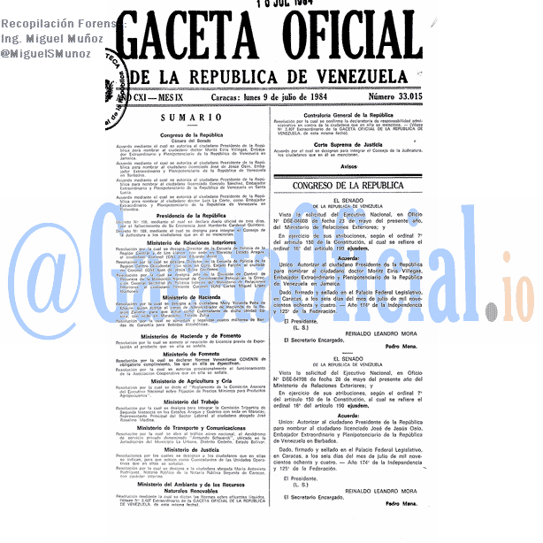 Gaceta Oficial 33015 del 9 Julio 1984