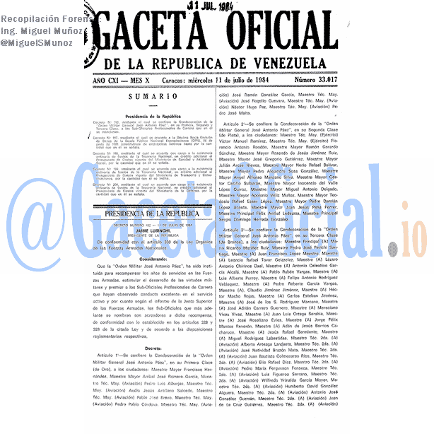 Gaceta Oficial 33017 del 11 Julio 1984