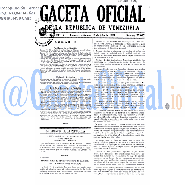 Gaceta Oficial 33022 del 18 Julio 1984
