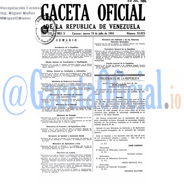 Gaceta Oficial 33023 del 19 Julio 1984