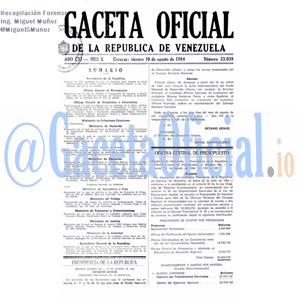 Gaceta Oficial 33038 del 10 Agosto 1984