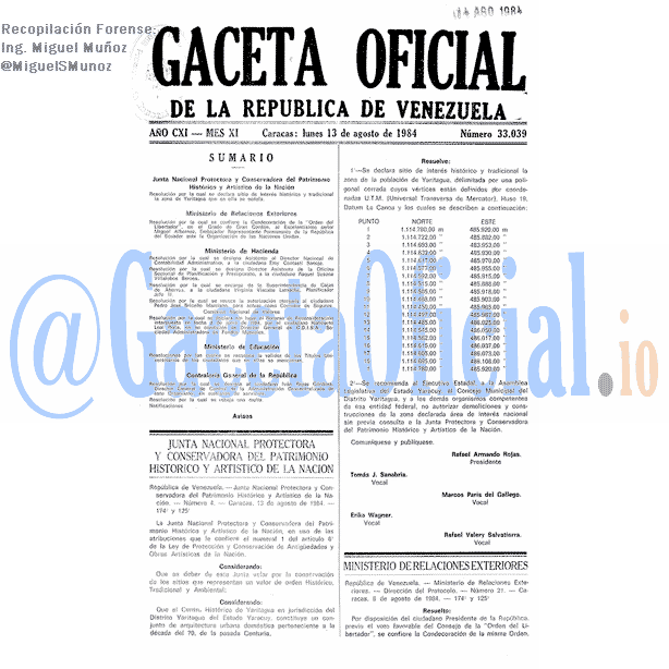 Gaceta Oficial 33039 del 13 Agosto 1984