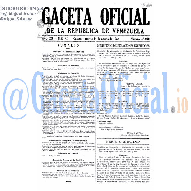 Gaceta Oficial 33040 del 14 Agosto 1984