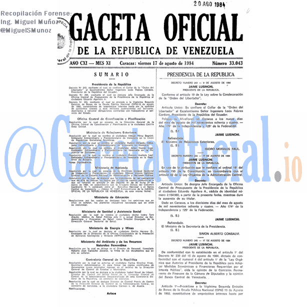 Gaceta Oficial 33043 del 17 Agosto 1984