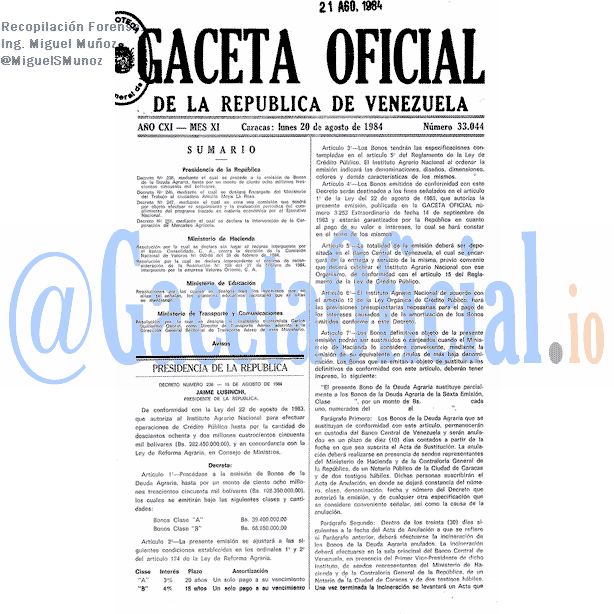 Gaceta Oficial 33044 del 20 Agosto 1984