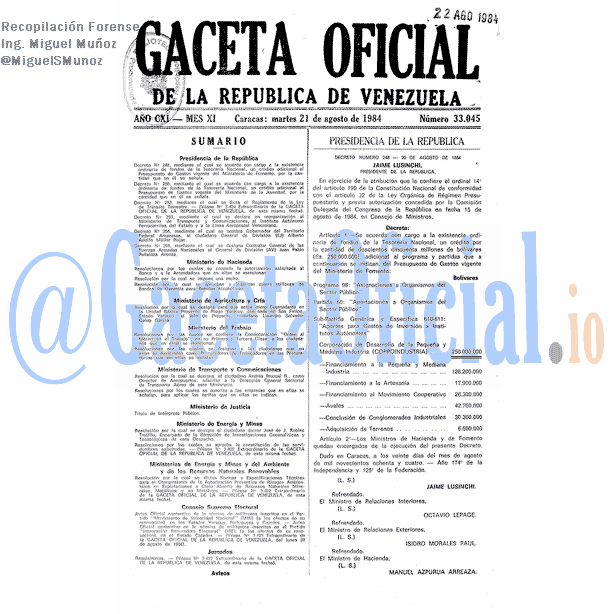 Gaceta Oficial 33045 del 21 Agosto 1984