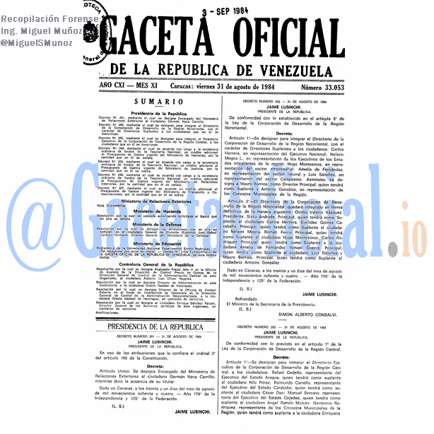 Gaceta Oficial 33053 del 31 Agosto 1984