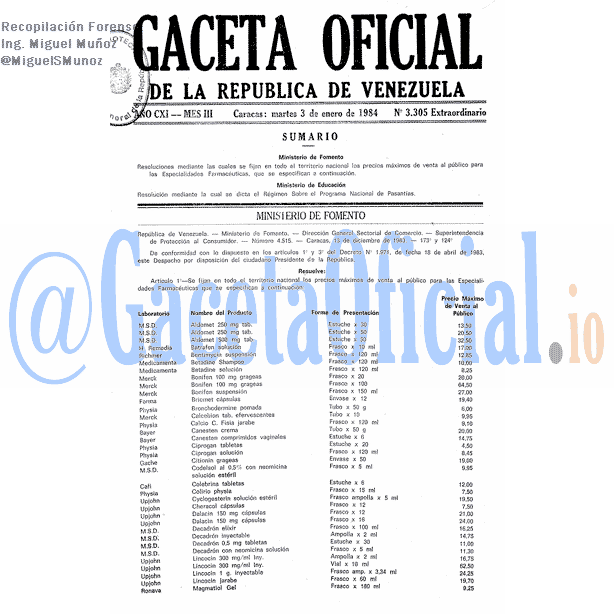 Gaceta Oficial 3305 del 3 Enero 1984