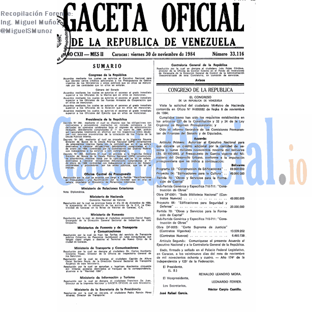 Gaceta Oficial 33116 del 30 Noviembre 1984