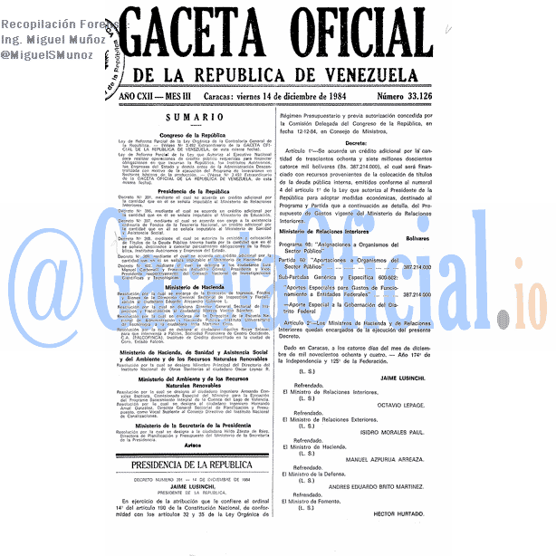 Gaceta Oficial 33126 del 14 Diciembre 1984