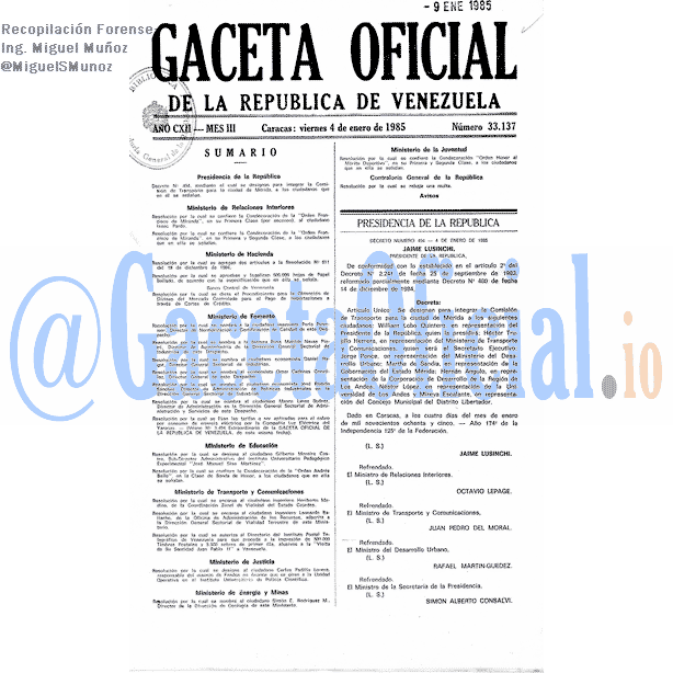 Gaceta Oficial 33137 del 4 Enero 1985