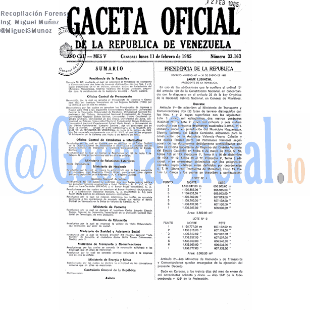 Gaceta Oficial 33163 del 11 Febrero 1985