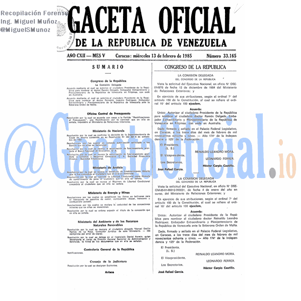 Gaceta Oficial 33165 del 13 Febrero 1985