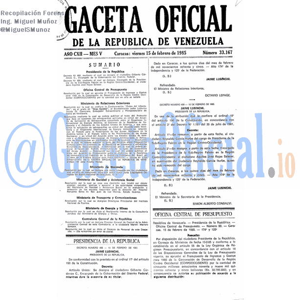 Gaceta Oficial 33167 del 15 Febrero 1985