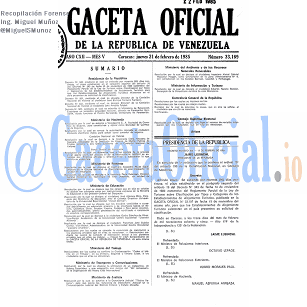 Gaceta Oficial 33169 del 21 Febrero 1985