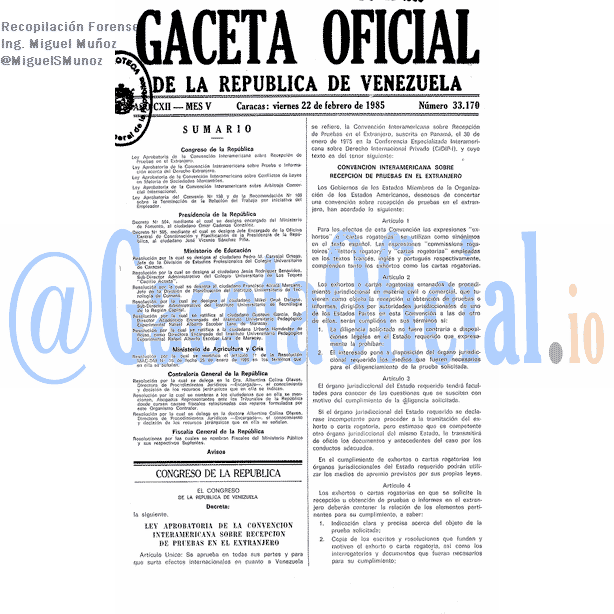 Gaceta Oficial 33170 del 22 Febrero 1985