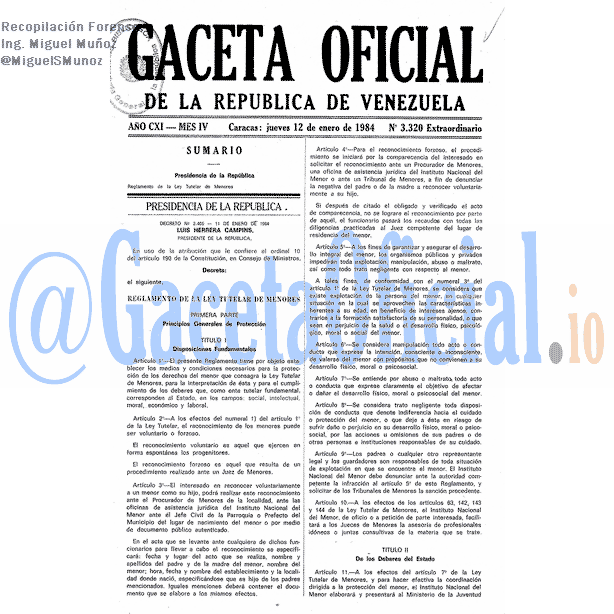 Gaceta Oficial 3320 del 12 Enero 1984
