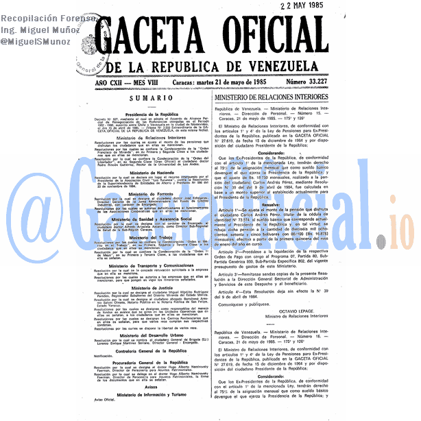 Gaceta Oficial 33227 del 21 Mayo 1985