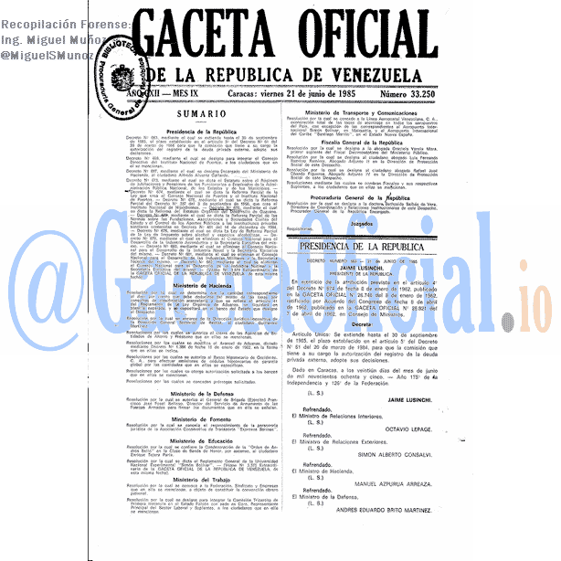 Gaceta Oficial 33250 del 21 Junio 1985