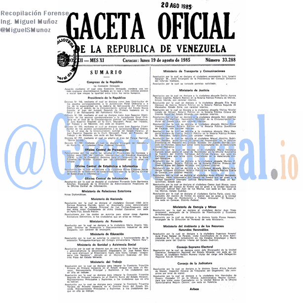 Gaceta Oficial 33288 del 19 Agosto 1985