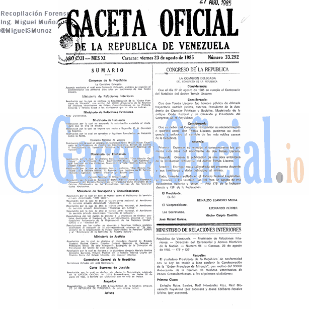 Gaceta Oficial 33292 del 23 Agosto 1985