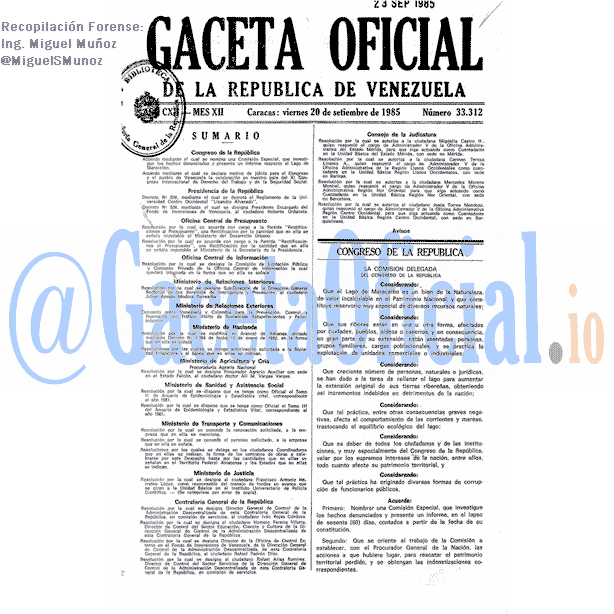 Gaceta Oficial 33312 del 20 Septiembre 1985