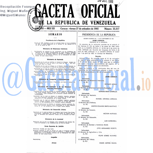 Gaceta Oficial 33317 del 27 Septiembre 1985