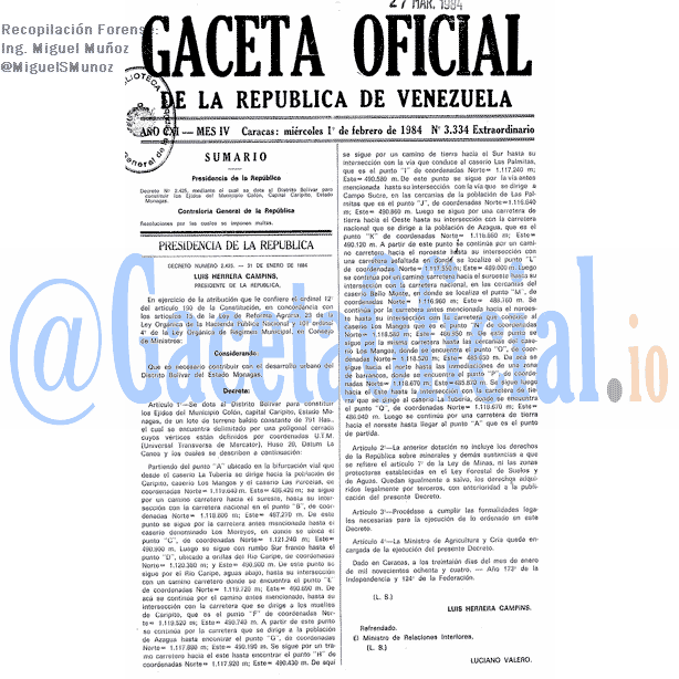 Gaceta Oficial 3334 del 1 Febrero 1984
