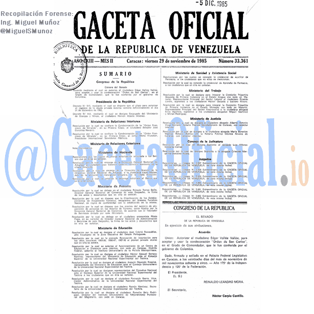 Gaceta Oficial 33361 del 29 Noviembre 1985