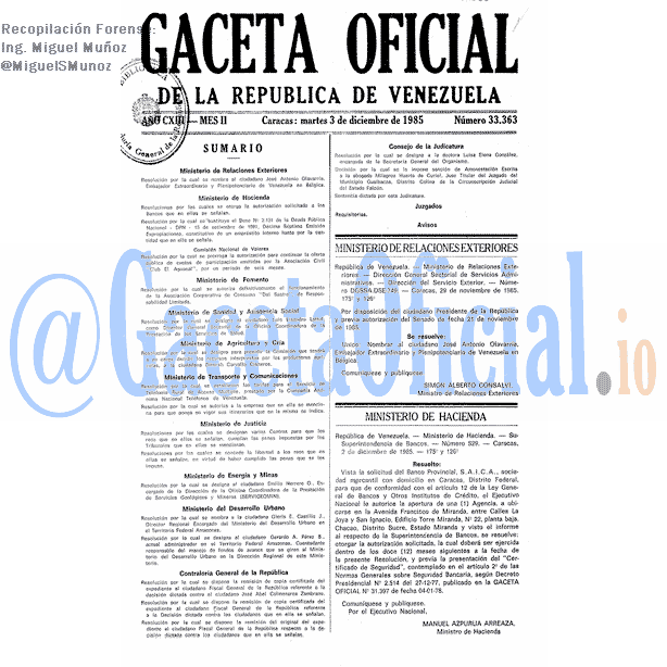 Gaceta Oficial 33363 del 3 Diciembre 1985