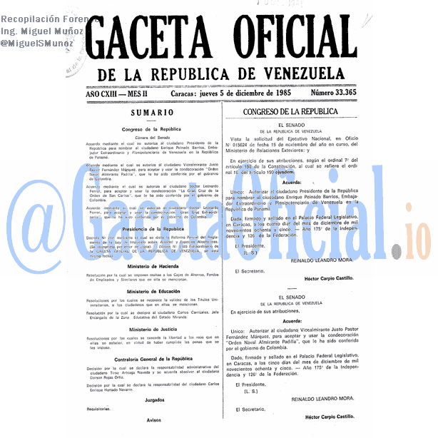Gaceta Oficial 33365 del 5 Diciembre 1985