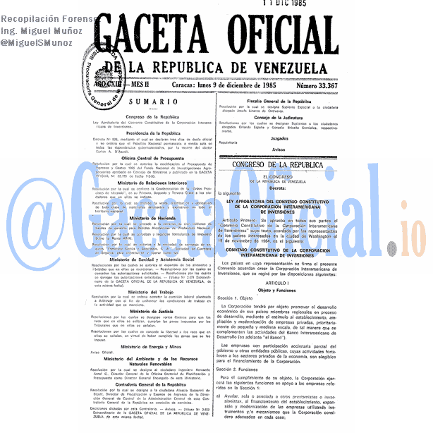 Gaceta Oficial 33367 del 9 Diciembre 1985