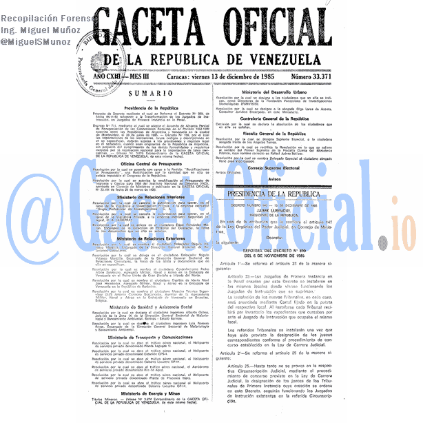 Gaceta Oficial 33371 del 13 Diciembre 1985