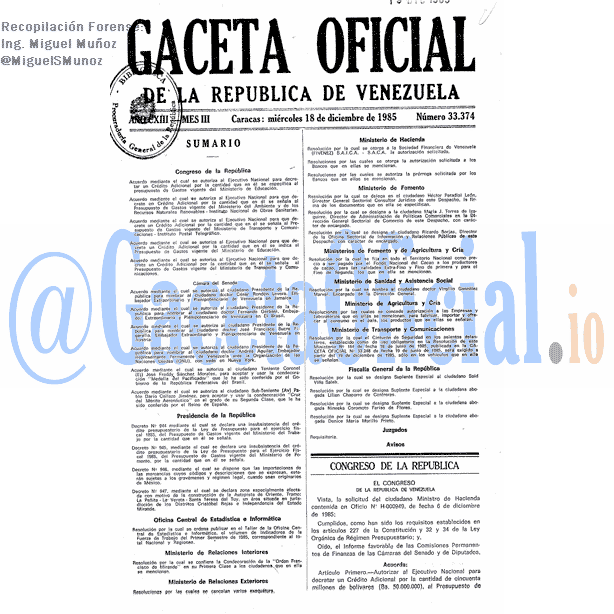 Gaceta Oficial 33374 del 18 Diciembre 1985