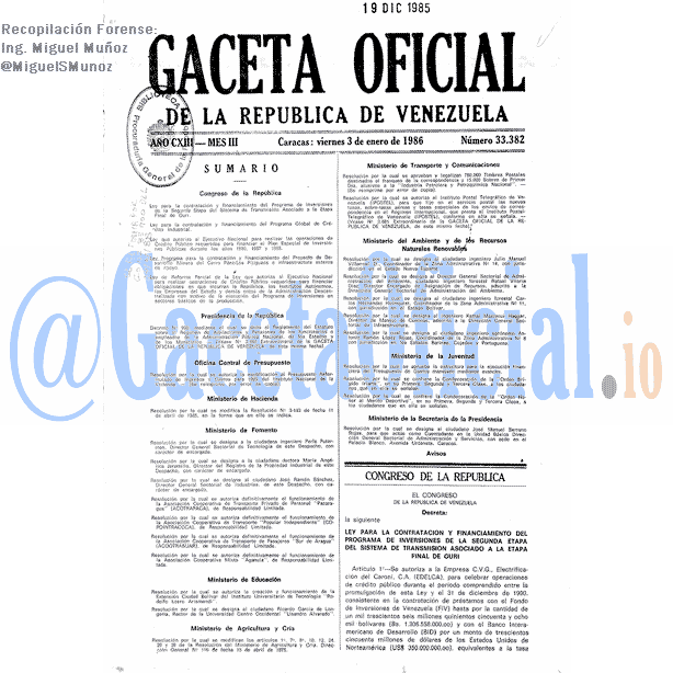 Gaceta Oficial 33382 del 3 Enero 1986