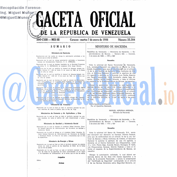 Gaceta Oficial 33384 del 7 Enero 1986