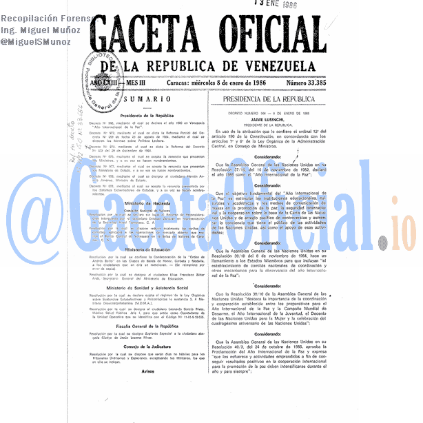 Gaceta Oficial 33385 del 8 Enero 1986