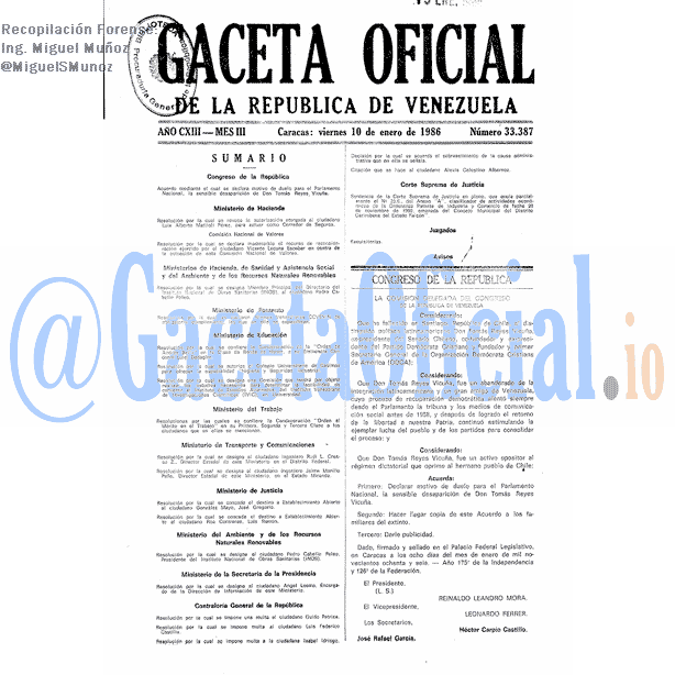 Gaceta Oficial 33387 del 10 Enero 1986