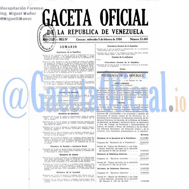 Gaceta Oficial 33405 del 5 Febrero 1986