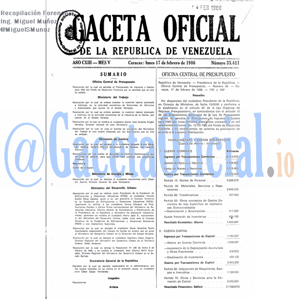 Gaceta Oficial 33411 del 17 Febrero 1986