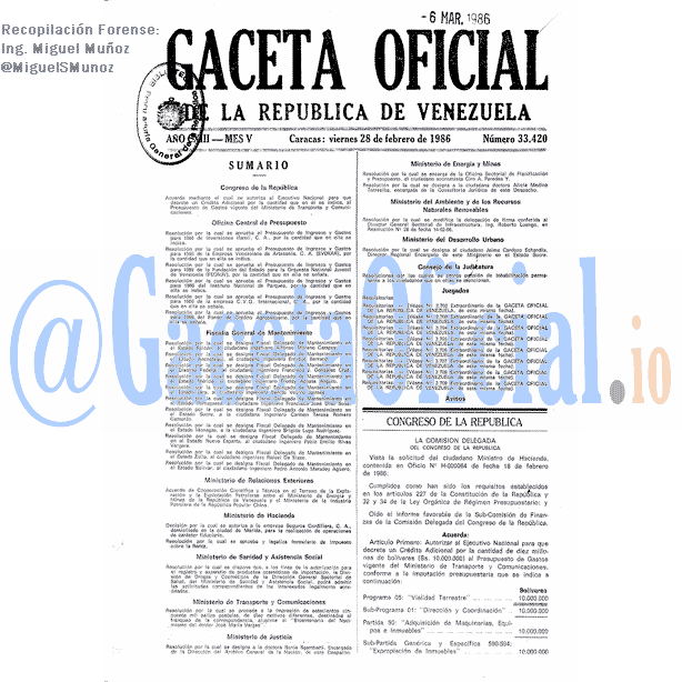Gaceta Oficial 33420 del 28 Febrero 1986